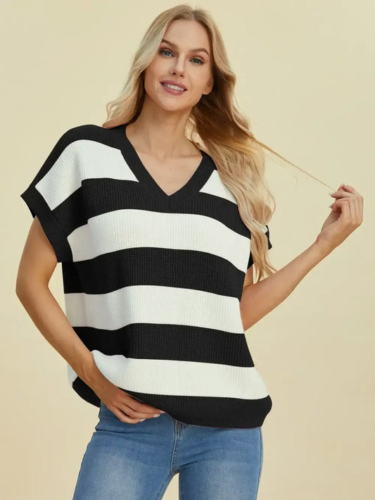 Double Take Full Size Striped V-Neck Short Sleeve Sweater - Black / S