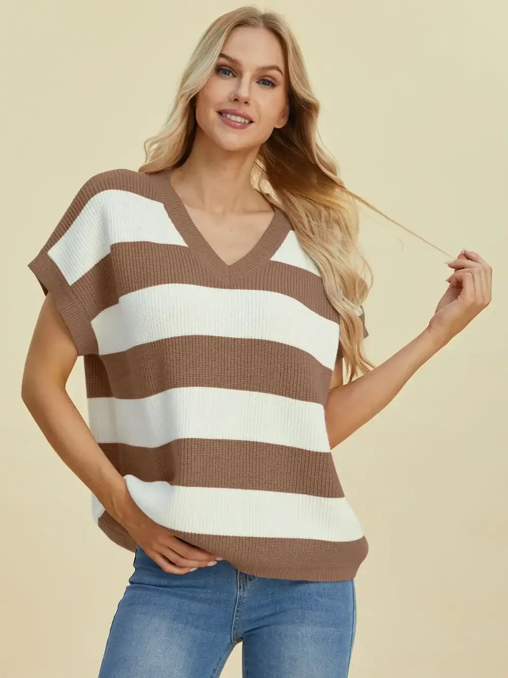 Double Take Full Size Striped V-Neck Short Sleeve Sweater - Camel / S
