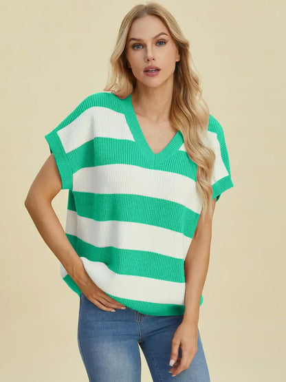 Double Take Full Size Striped V-Neck Short Sleeve Sweater - Turquoise / S