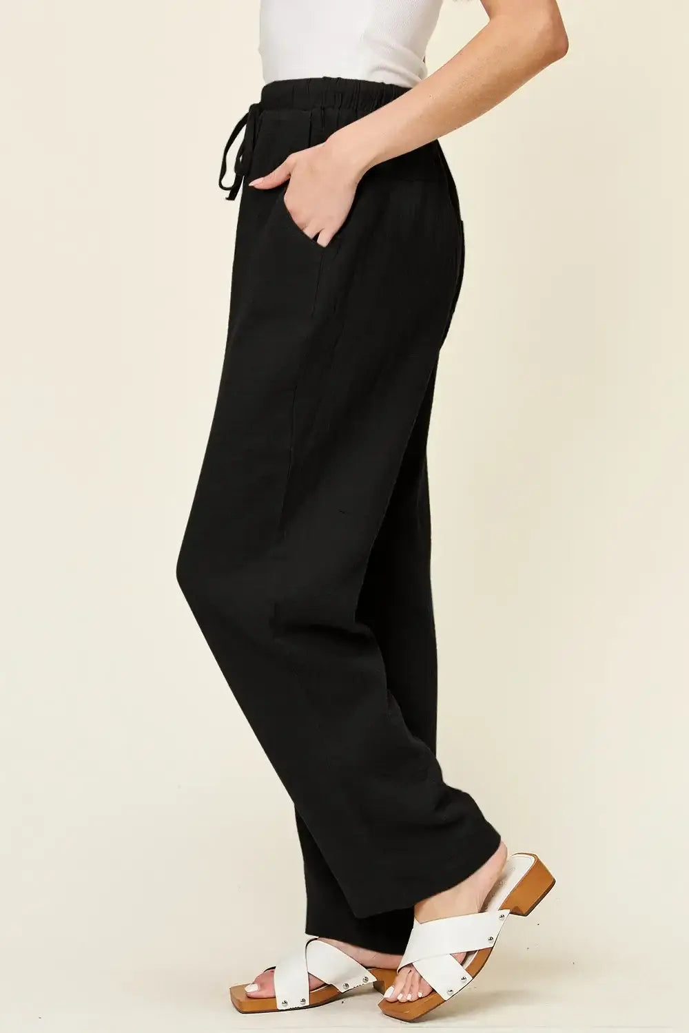 Double Take Full Size Texture Drawstring Straight Pants - Straight Pants