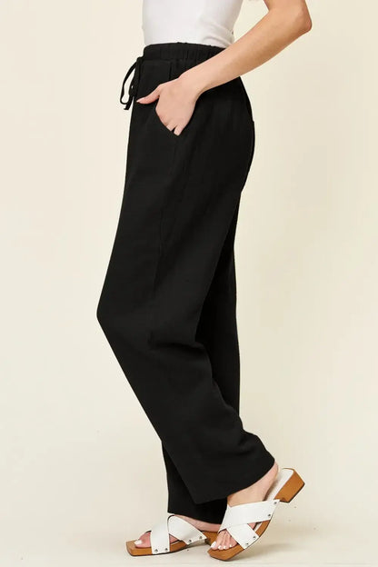 Double Take Full Size Texture Drawstring Straight Pants - Straight Pants
