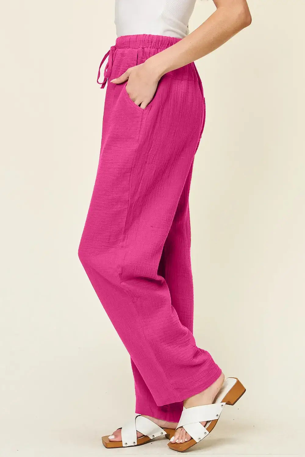 Double Take Full Size Texture Drawstring Straight Pants - Straight Pants