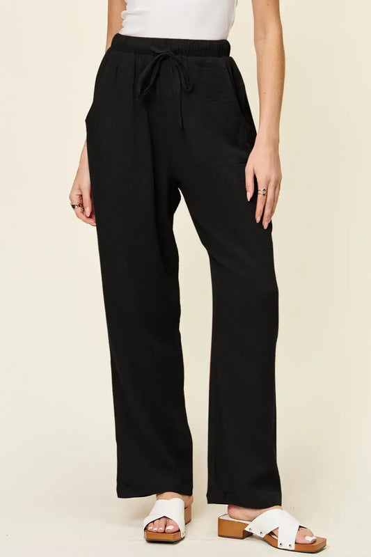 Double Take Full Size Texture Drawstring Straight Pants - Black / S - Straight Pants