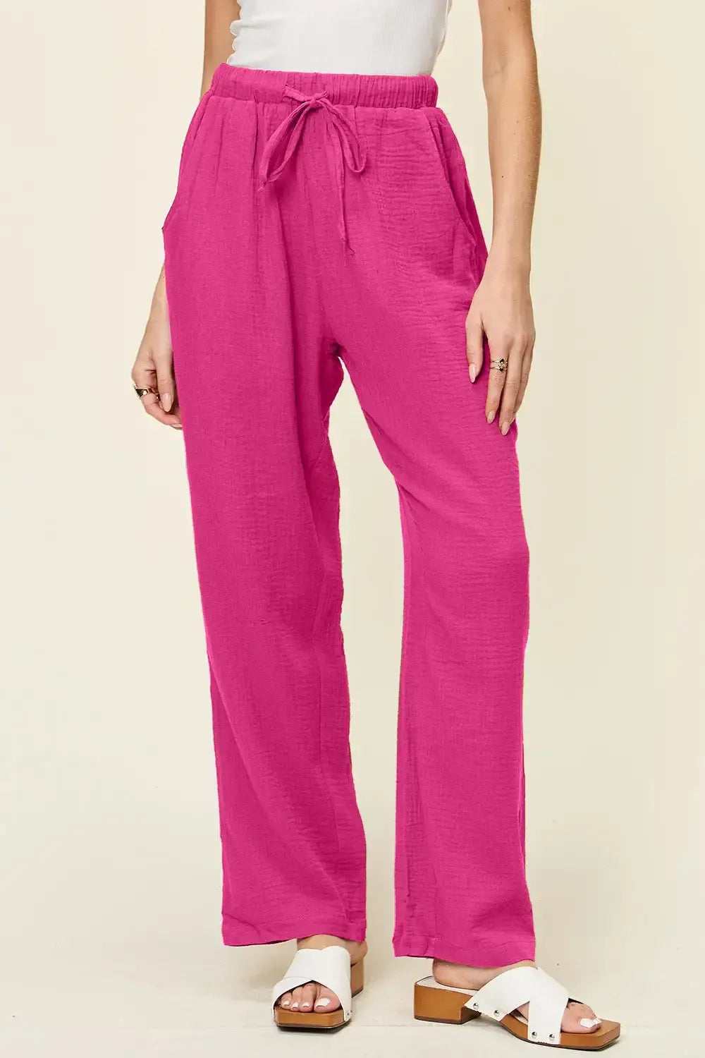 Double Take Full Size Texture Drawstring Straight Pants - Hot Pink / S - Straight Pants
