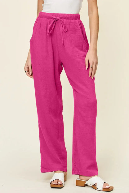 Double Take Full Size Texture Drawstring Straight Pants - Hot Pink / S - Straight Pants