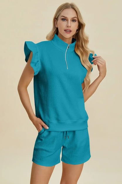 Double Take Full Size Texture Flounce Sleeve Top and Shorts Set - Cerulean / S - Apparel & Accessories > Clothing >