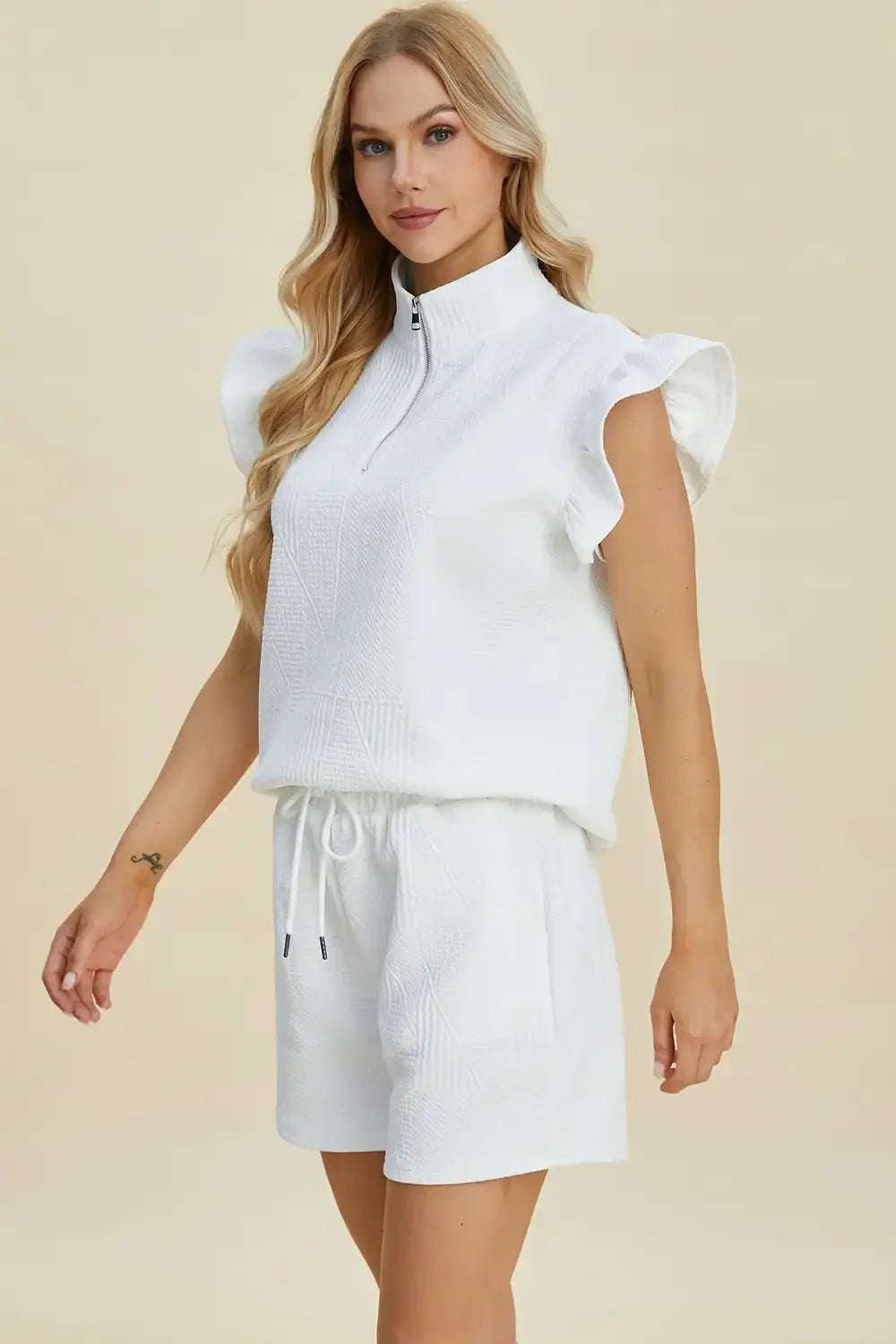 Double Take Full Size Texture Flounce Sleeve Top and Shorts Set - Apparel & Accessories > Clothing > One-Pieces >