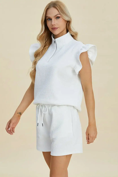 Double Take Full Size Texture Flounce Sleeve Top and Shorts Set - Apparel & Accessories > Clothing > One-Pieces >