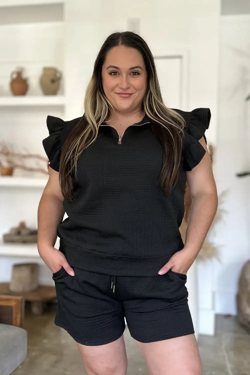 Double Take Full Size Texture Flounce Sleeve Top and Shorts Set - Apparel & Accessories > Clothing > One-Pieces >