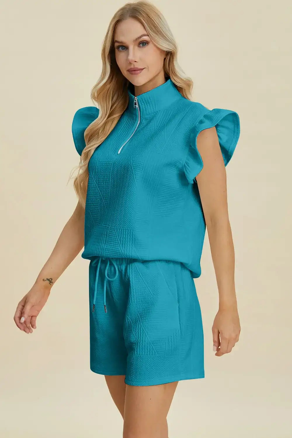 Double Take Full Size Texture Flounce Sleeve Top and Shorts Set - Apparel & Accessories > Clothing > One-Pieces >