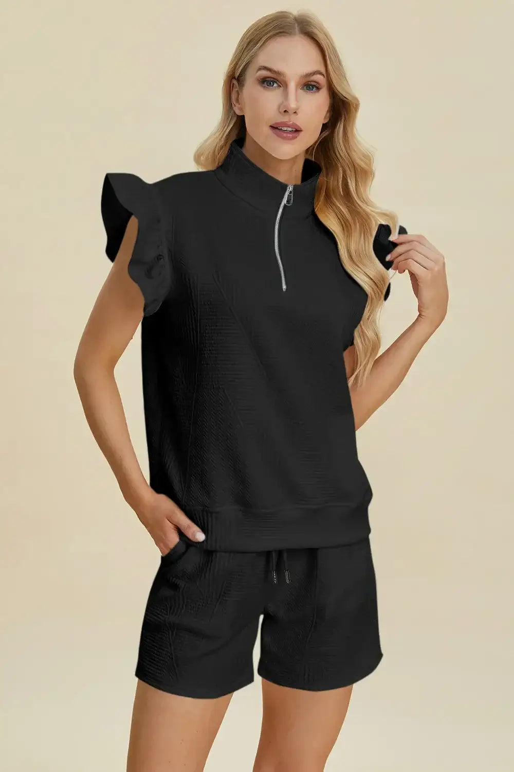 Double Take Full Size Texture Flounce Sleeve Top and Shorts Set - Apparel & Accessories > Clothing > One-Pieces >