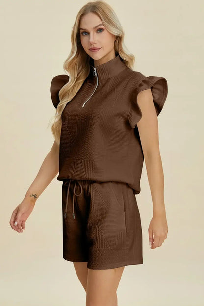 Double Take Full Size Texture Flounce Sleeve Top and Shorts Set - Apparel & Accessories > Clothing > One-Pieces >