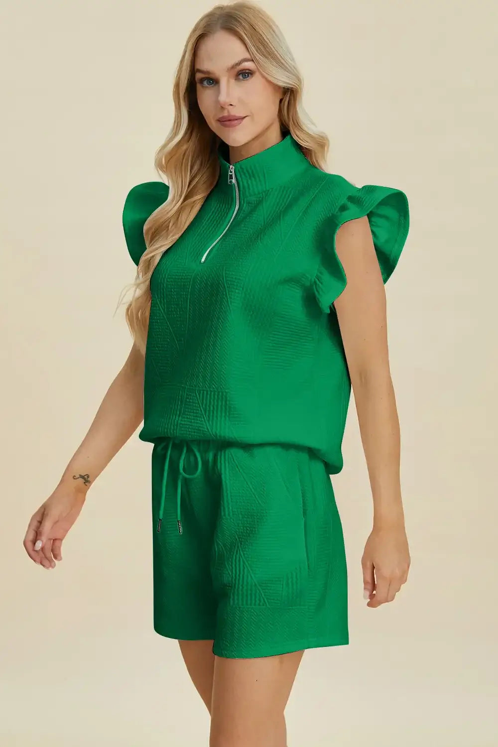 Double Take Full Size Texture Flounce Sleeve Top and Shorts Set - Apparel & Accessories > Clothing > One-Pieces >