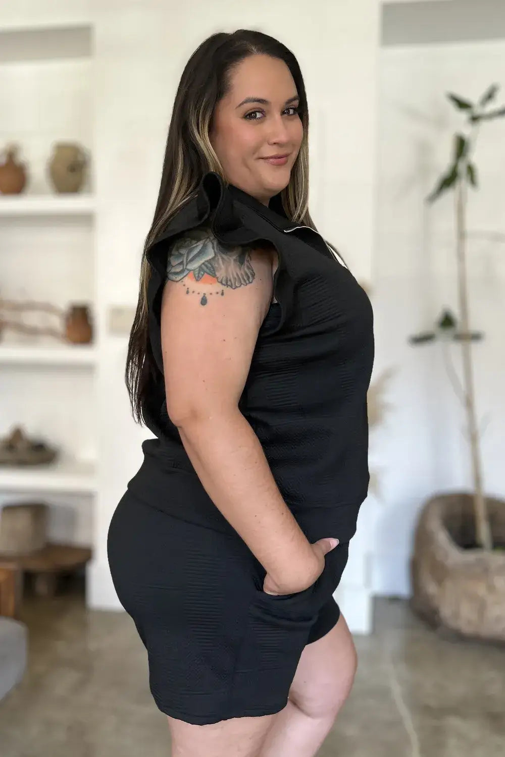 Double Take Full Size Texture Flounce Sleeve Top and Shorts Set - Apparel & Accessories > Clothing > One-Pieces >