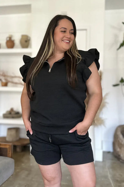Double Take Full Size Texture Flounce Sleeve Top and Shorts Set - Apparel & Accessories > Clothing > One-Pieces >