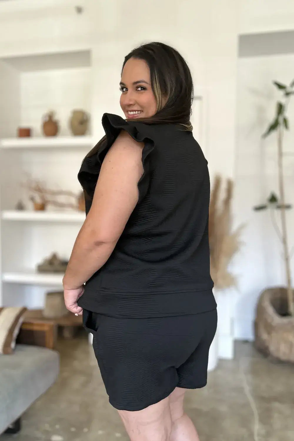 Double Take Full Size Texture Flounce Sleeve Top and Shorts Set - Apparel & Accessories > Clothing > One-Pieces >