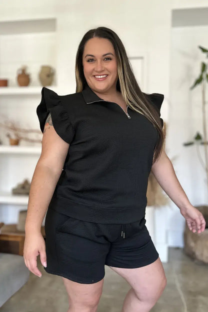 Double Take Full Size Texture Flounce Sleeve Top and Shorts Set - Apparel & Accessories > Clothing > One-Pieces >