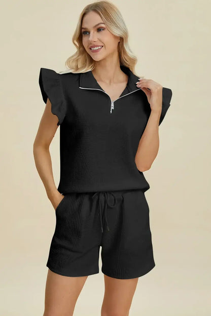 Double Take Full Size Texture Flounce Sleeve Top and Shorts Set - Black / S - Apparel & Accessories > Clothing >