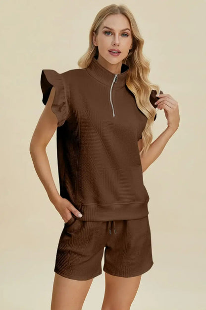 Double Take Full Size Texture Flounce Sleeve Top and Shorts Set - Brown / S - Apparel & Accessories > Clothing >