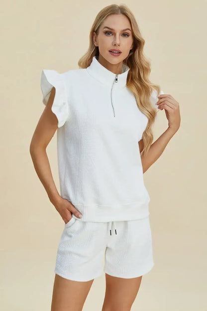 Double Take Full Size Texture Flounce Sleeve Top and Shorts Set - White / S - Apparel & Accessories > Clothing >