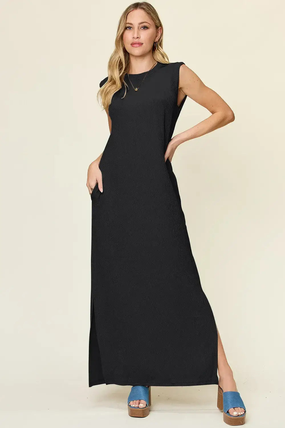 Double Take Full Size Texture Mock Neck Sleeveless Maxi Dress - Black / S