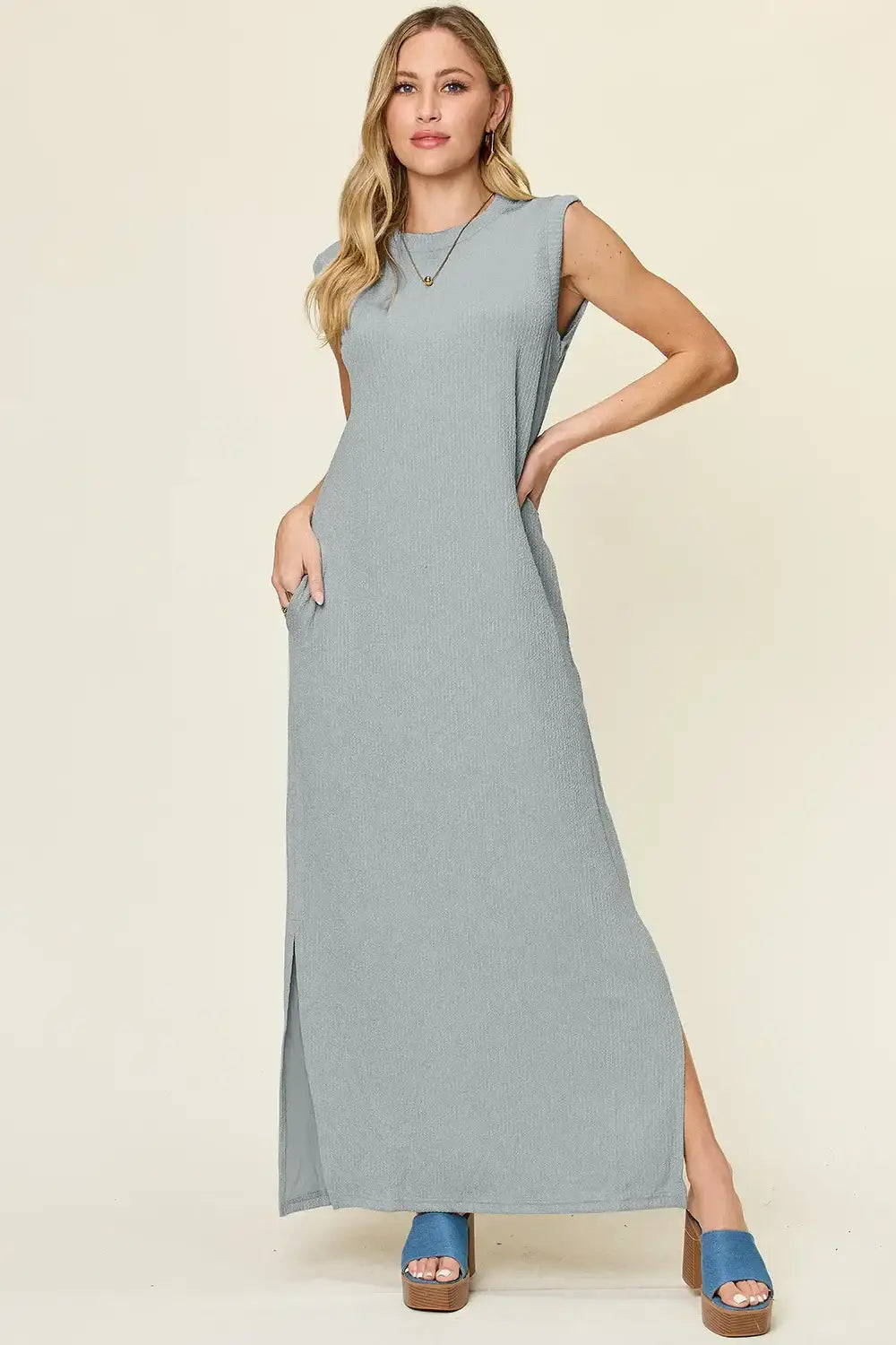 Double Take Full Size Texture Mock Neck Sleeveless Maxi Dress - Cloudy Blue / S