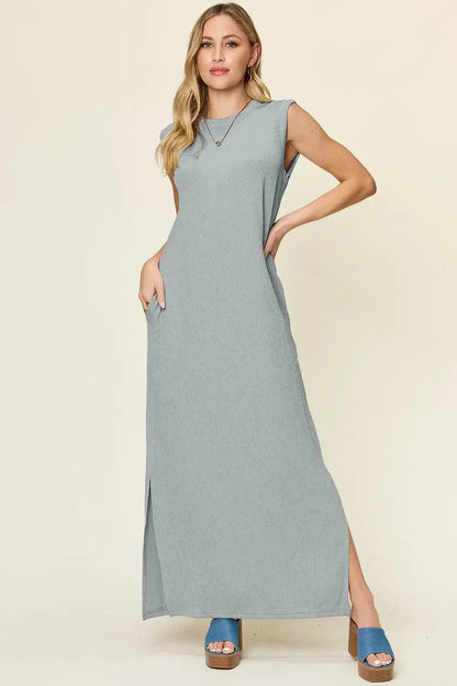 Double Take Full Size Texture Mock Neck Sleeveless Maxi Dress - Cloudy Blue / S