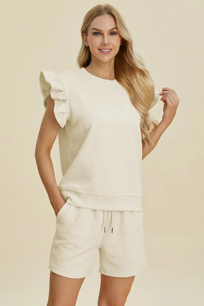 Double Take Full Size Texture Round Neck Ruffle Sleeve Top and Shorts Set - Apparel & Accessories > Clothing >