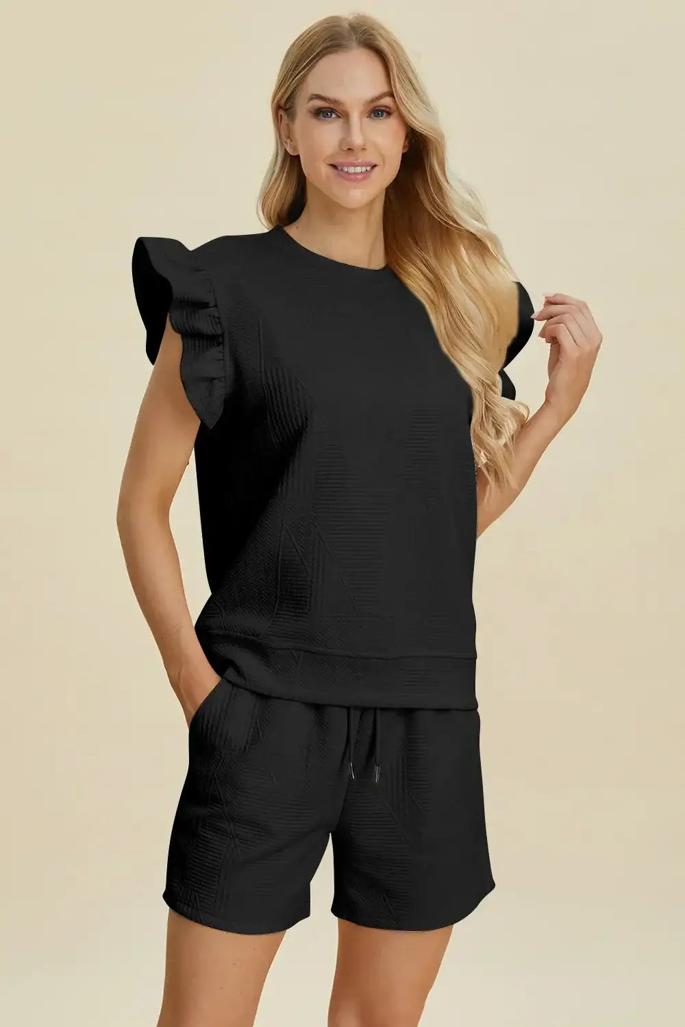 Double Take Full Size Texture Round Neck Ruffle Sleeve Top and Shorts Set - Apparel & Accessories > Clothing >