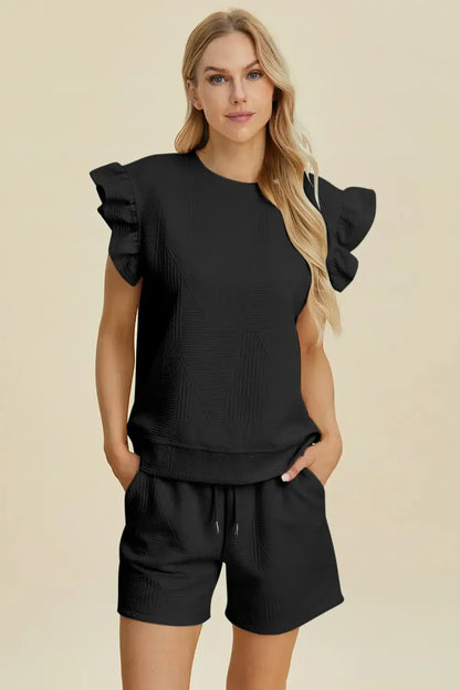 Double Take Full Size Texture Round Neck Ruffle Sleeve Top and Shorts Set - Black / S - Apparel & Accessories >
