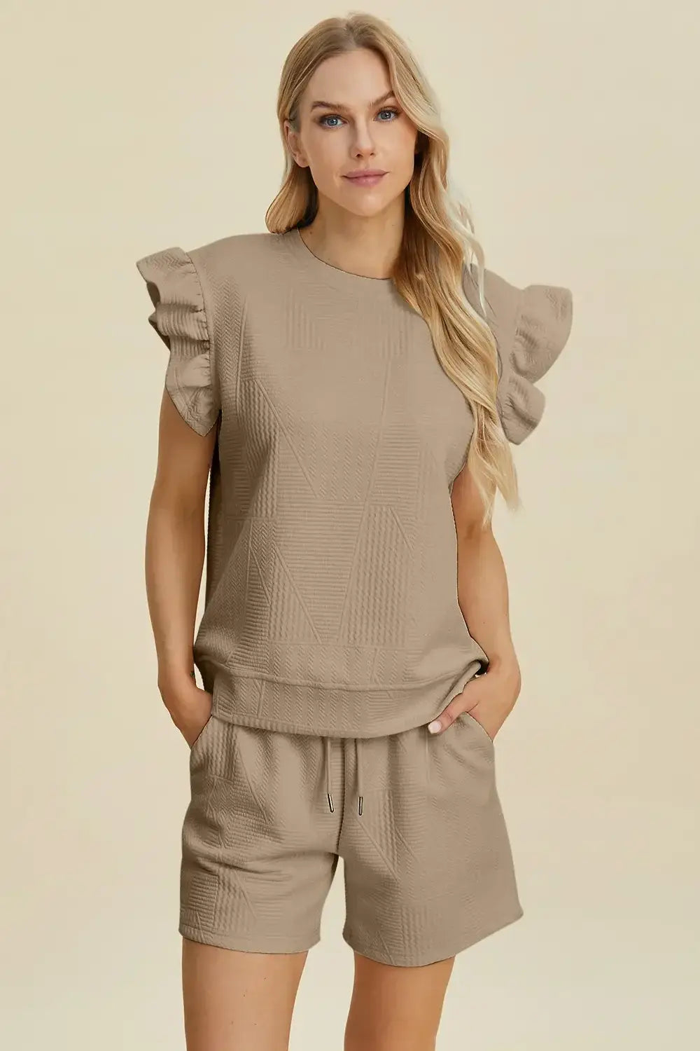 Double Take Full Size Texture Round Neck Ruffle Sleeve Top and Shorts Set - Apparel & Accessories > Clothing >