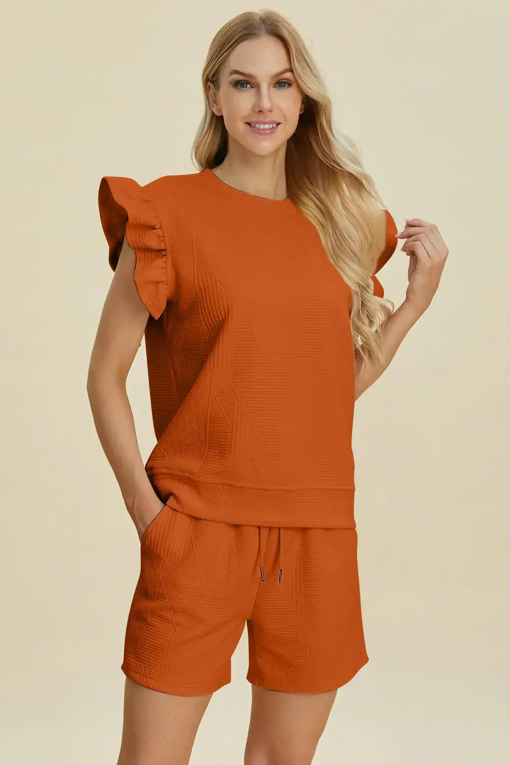 Double Take Full Size Texture Round Neck Ruffle Sleeve Top and Shorts Set - Tangerine / S - Apparel & Accessories >