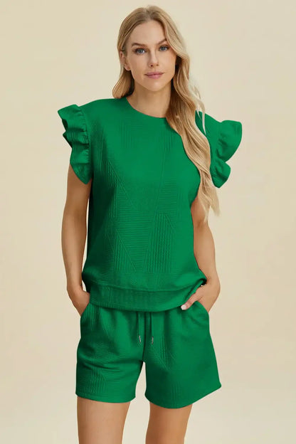 Double Take Full Size Texture Round Neck Ruffle Sleeve Top and Shorts Set - Dark Green / S - Apparel & Accessories >