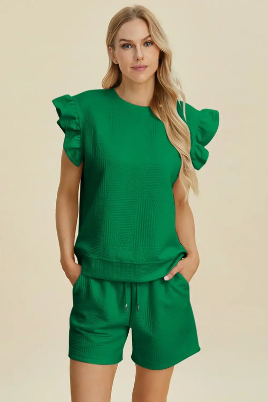 Double Take Full Size Texture Round Neck Ruffle Sleeve Top and Shorts Set - Dark Green / S - Apparel & Accessories >