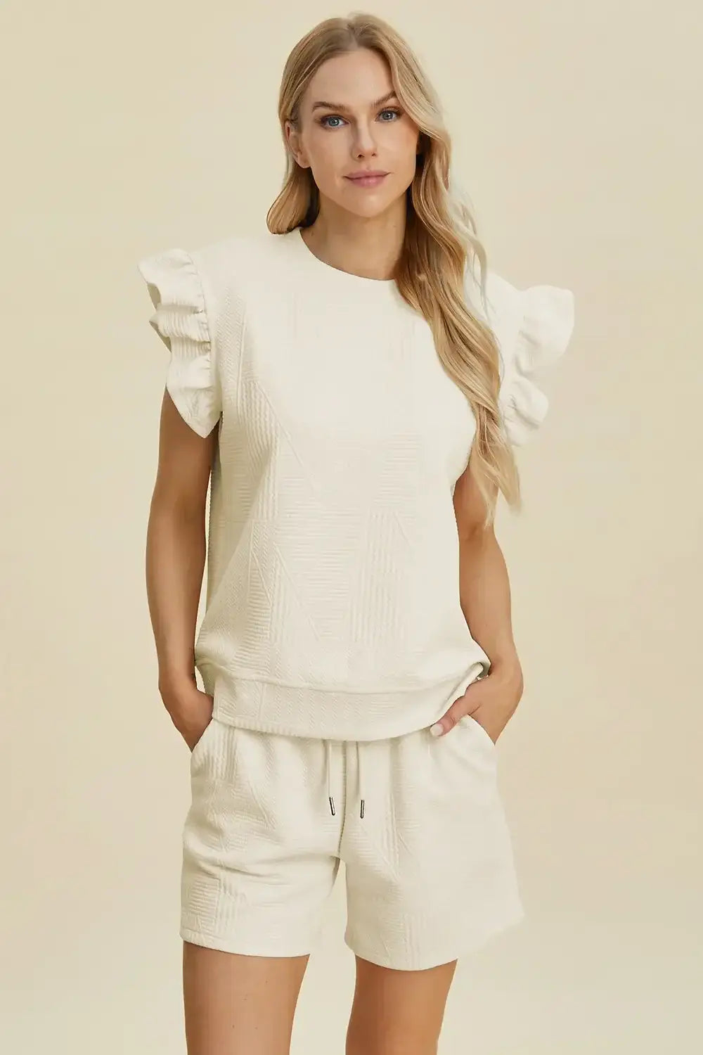 Double Take Full Size Texture Round Neck Ruffle Sleeve Top and Shorts Set - Cream / S - Apparel & Accessories >
