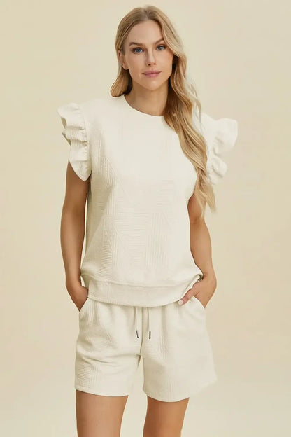 Double Take Full Size Texture Round Neck Ruffle Sleeve Top and Shorts Set - Cream / S - Apparel & Accessories >