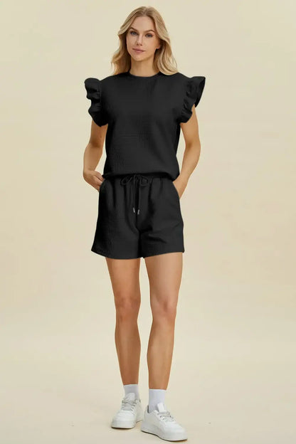 Double Take Full Size Texture Round Neck Ruffle Sleeve Top and Shorts Set - Apparel & Accessories > Clothing >