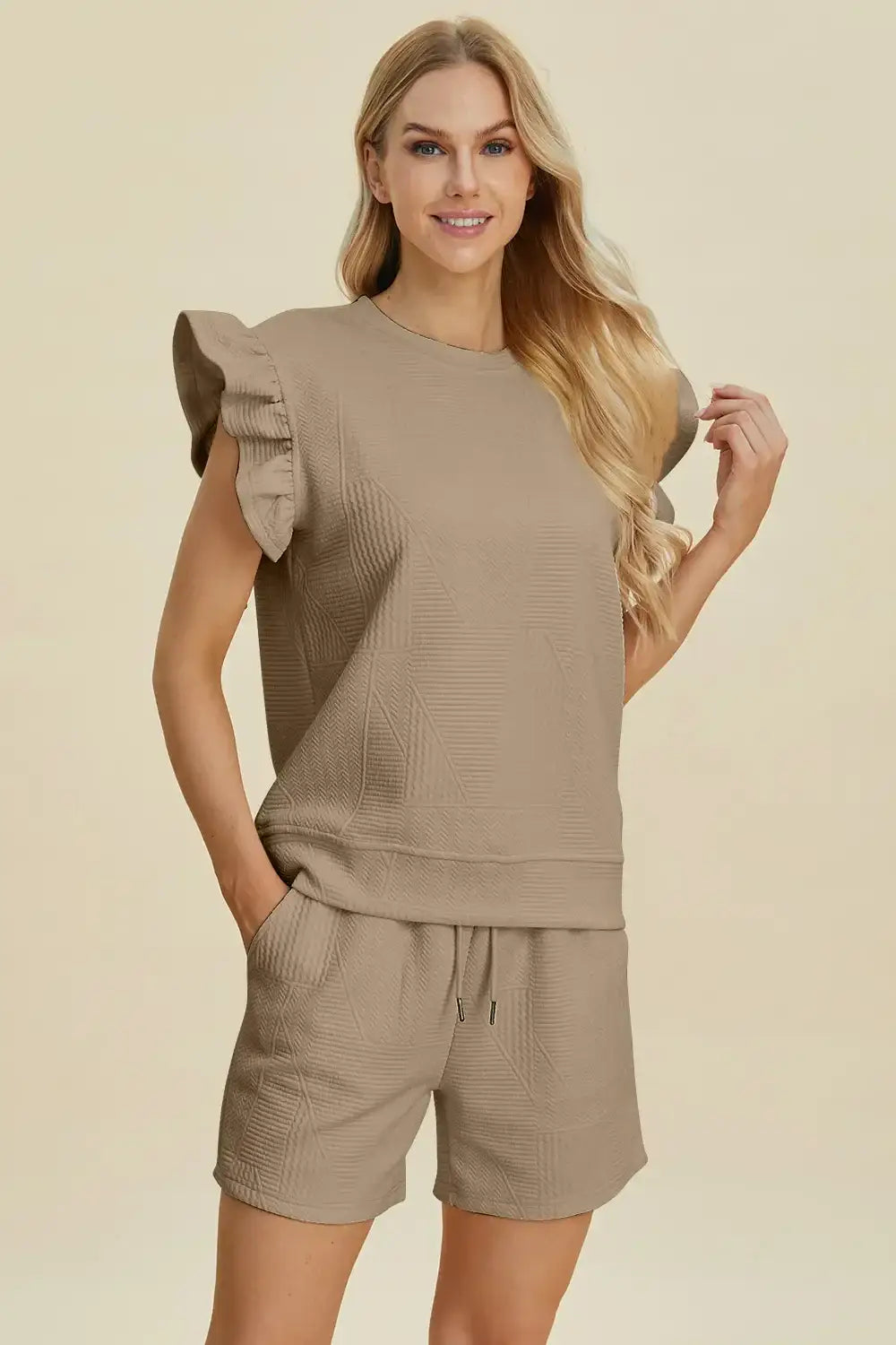 Double Take Full Size Texture Round Neck Ruffle Sleeve Top and Shorts Set - Khaki / S - Apparel & Accessories >