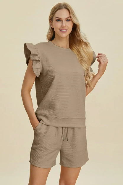 Double Take Full Size Texture Round Neck Ruffle Sleeve Top and Shorts Set - Khaki / S - Apparel & Accessories >