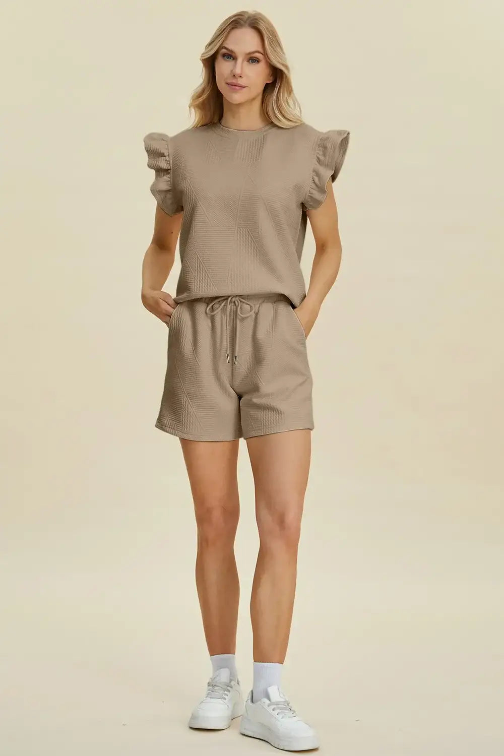 Double Take Full Size Texture Round Neck Ruffle Sleeve Top and Shorts Set - Apparel & Accessories > Clothing >
