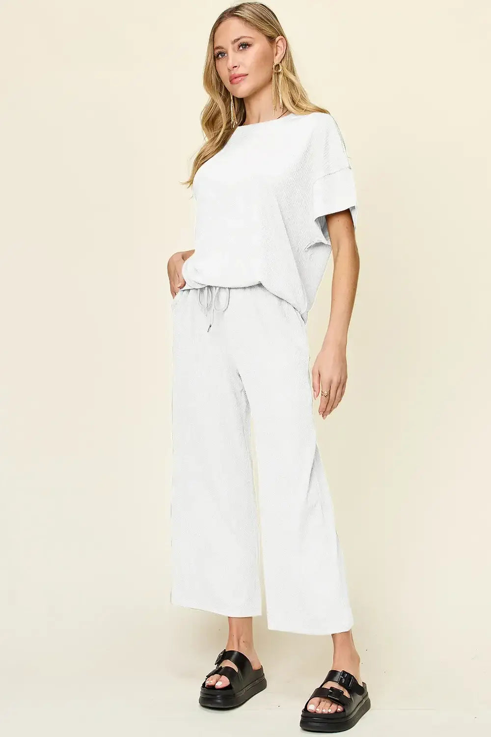 Double Take Full Size Texture Round Neck Short Sleeve T-Shirt and Wide Leg Pants - White / S - T-Shirt and Wide Leg