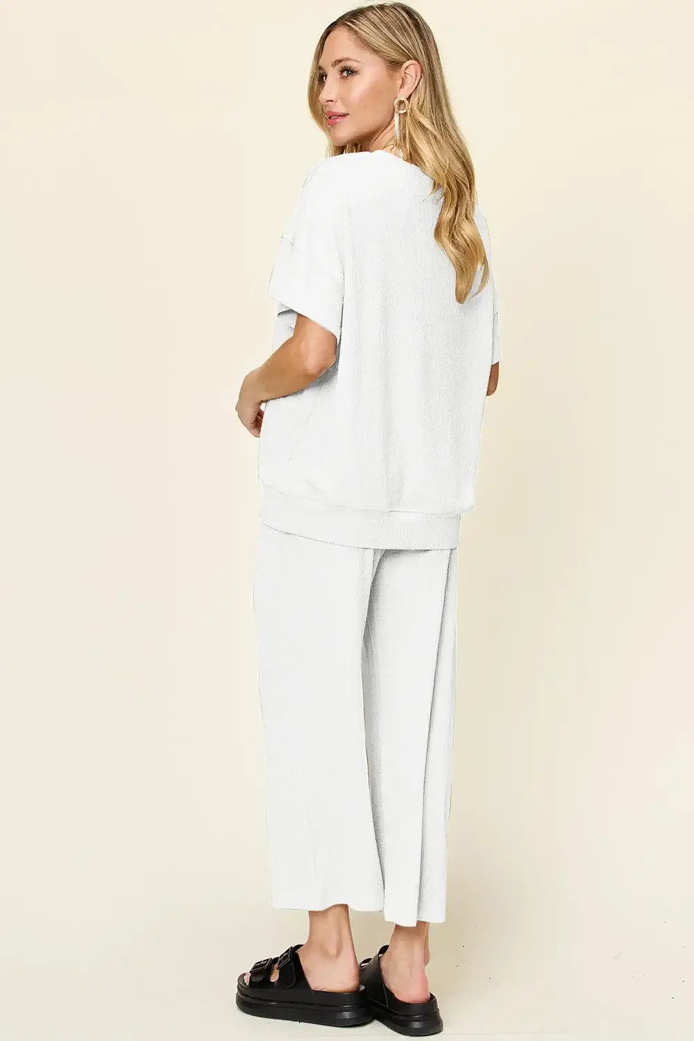 Double Take Full Size Texture Round Neck Short Sleeve T-Shirt and Wide Leg Pants - T-Shirt and Wide Leg Pants