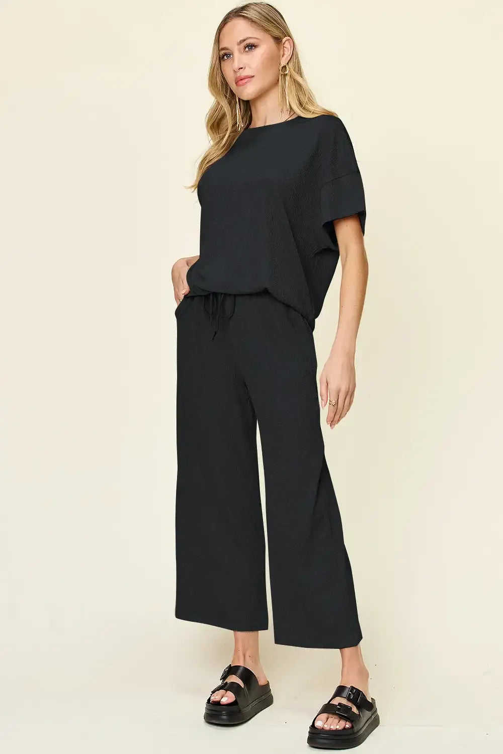 Double Take Full Size Texture Round Neck Short Sleeve T-Shirt and Wide Leg Pants - T-Shirt and Wide Leg Pants