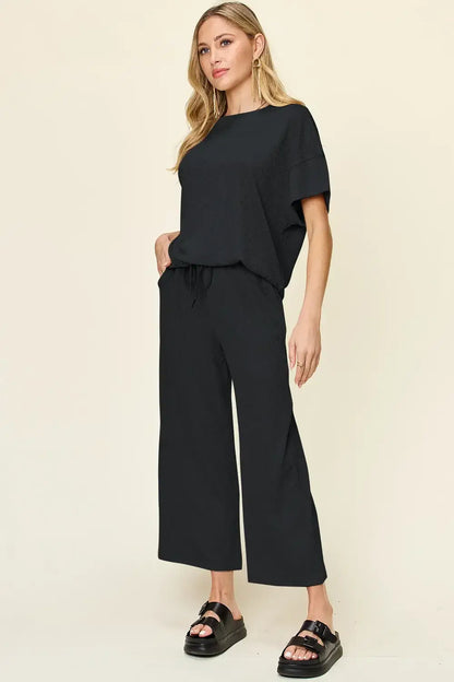 Double Take Full Size Texture Round Neck Short Sleeve T-Shirt and Wide Leg Pants - T-Shirt and Wide Leg Pants