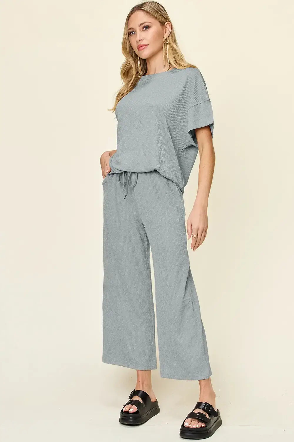 Double Take Full Size Texture Round Neck Short Sleeve T-Shirt and Wide Leg Pants - Cloudy Blue / S - T-Shirt and Wide