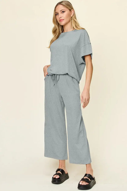 Double Take Full Size Texture Round Neck Short Sleeve T-Shirt and Wide Leg Pants - Cloudy Blue / S - T-Shirt and Wide