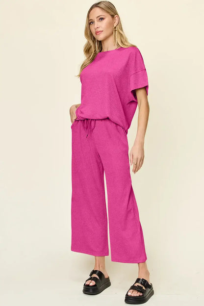 Double Take Full Size Texture Round Neck Short Sleeve T-Shirt and Wide Leg Pants - Hot Pink / S - T-Shirt and Wide Leg