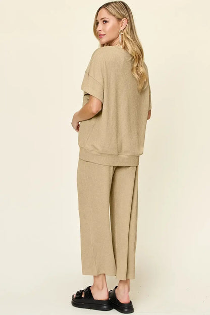 Double Take Full Size Texture Round Neck Short Sleeve T-Shirt and Wide Leg Pants - T-Shirt and Wide Leg Pants