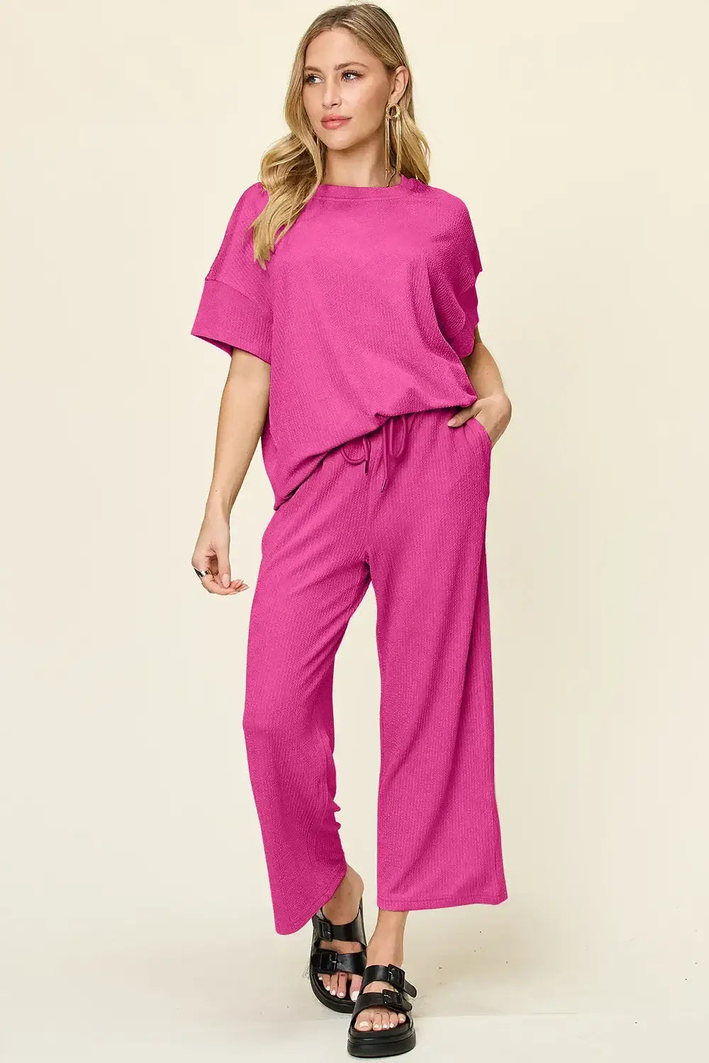 Double Take Full Size Texture Round Neck Short Sleeve T-Shirt and Wide Leg Pants - T-Shirt and Wide Leg Pants