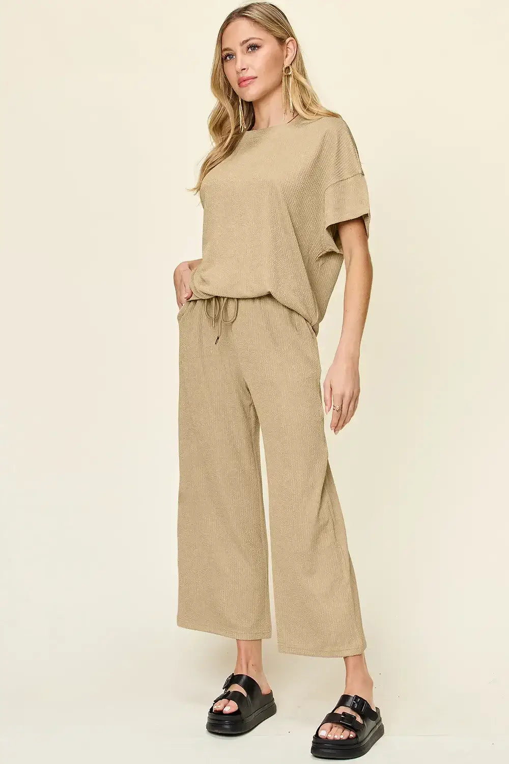 Double Take Full Size Texture Round Neck Short Sleeve T-Shirt and Wide Leg Pants - T-Shirt and Wide Leg Pants